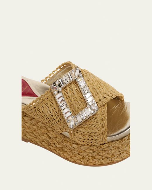 Roger Vivier Natural Strass-Buckle Raffia Platform Sandals