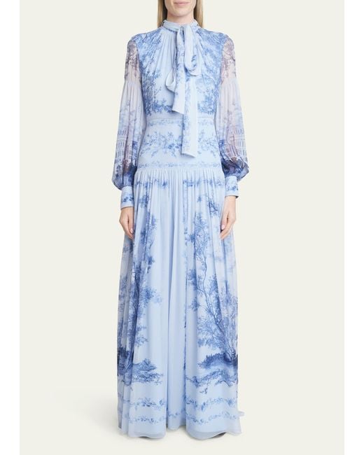 Erdem Blue Printed Scarf-neck Silk Gown