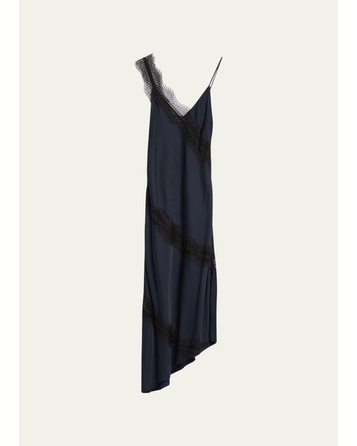 A.L.C. Blue Soleil Satin Lace Asymmetric Maxi Dress