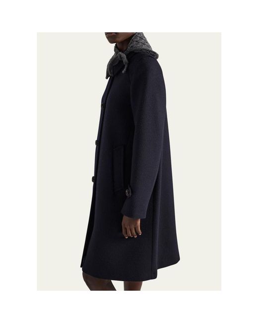 Prada Blue Loden Leather-Button Single-Breasted Wool Coat