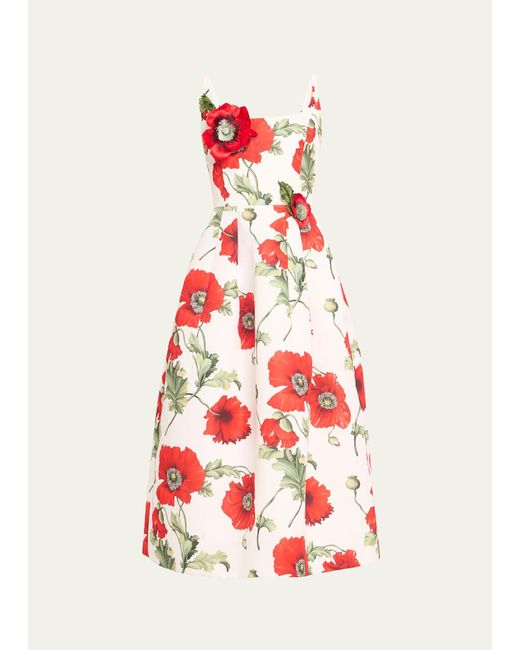 Oscar de la Renta White Poppies-print Flower-applique Scoop-neck Sleeveless Midi Dress