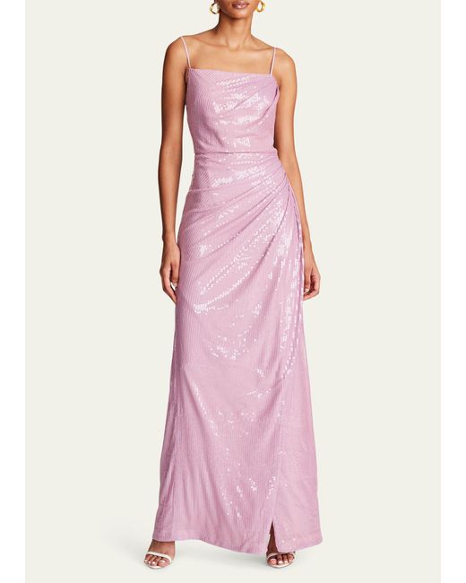 Halston Heritage Pink Alania Ruched A-line Sequin Gown