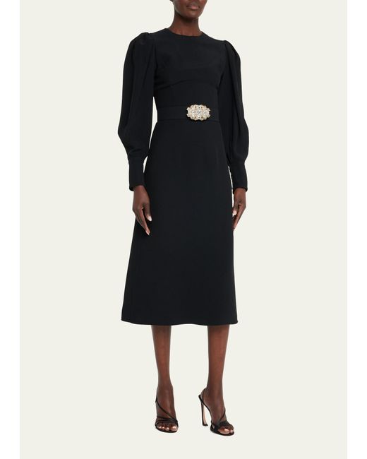 Andrew Gn Black Puff Slv Belted Midi Drs