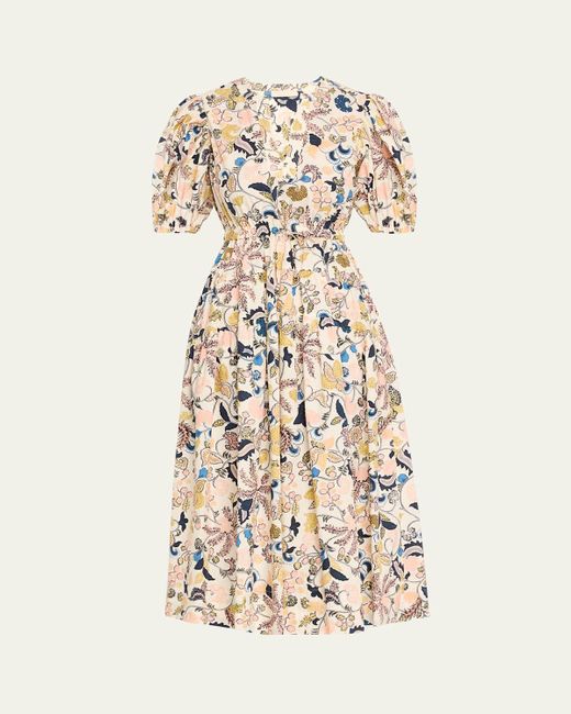 Ulla Johnson Natural Adriana Puff-Sleeve V-Neck Midi Dress