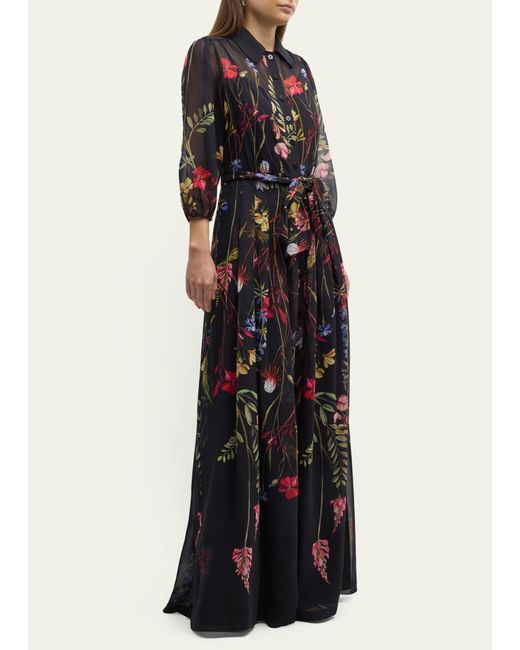 Teri Jon White Blouson-sleeve Floral-print Chiffon Shirt Gown