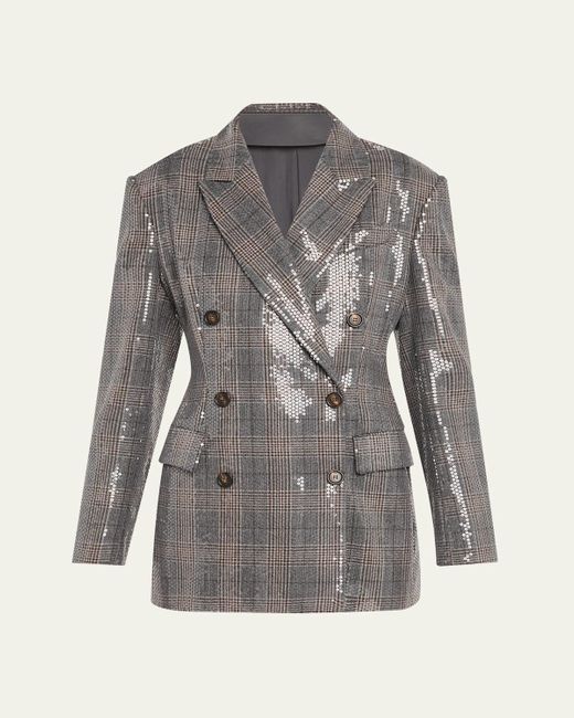 Brunello Cucinelli Gray Glam Check Sequined Double-Breasted Blazer