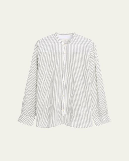 Officine Generale White Gali Band-Collar Cotton Stripe Button-Down Shirt for men