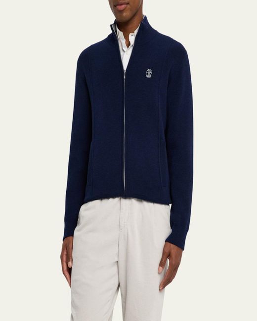 Brunello Cucinelli Blue Cashmere Knit Full-Zip Jacket for men