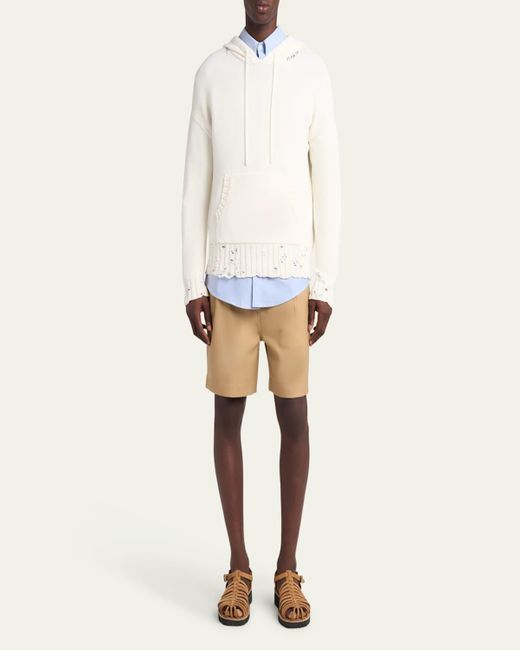 Marni White Distressed Knit Logo Hoodie for men