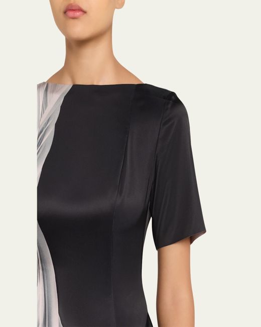 Jason Wu Multicolor Dancing Pleat Short-Sleeve Asymmetric Midi Dress