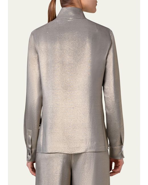 Akris Gray Metallic Stand Collar Silk Blouse
