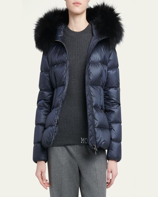 Moncler Blue Boed Short Puffer Jacket With Shearling Hood Trim