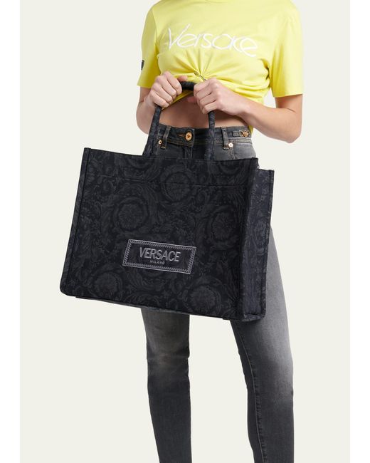 Versace Blue Xl Jacquard Embroidered Canvas Tote Bag