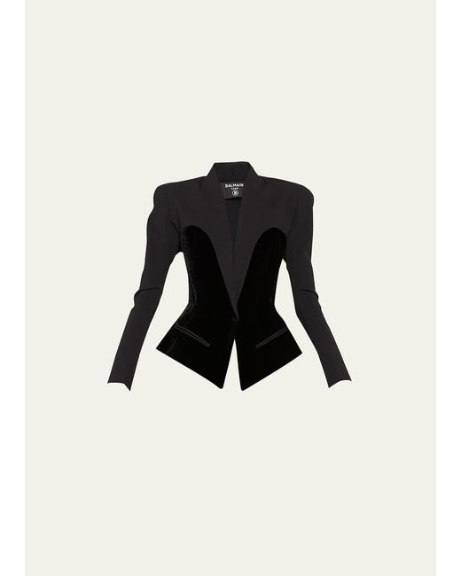 Balmain Black Velvet Bustier Single-breasted Collarless Jacket