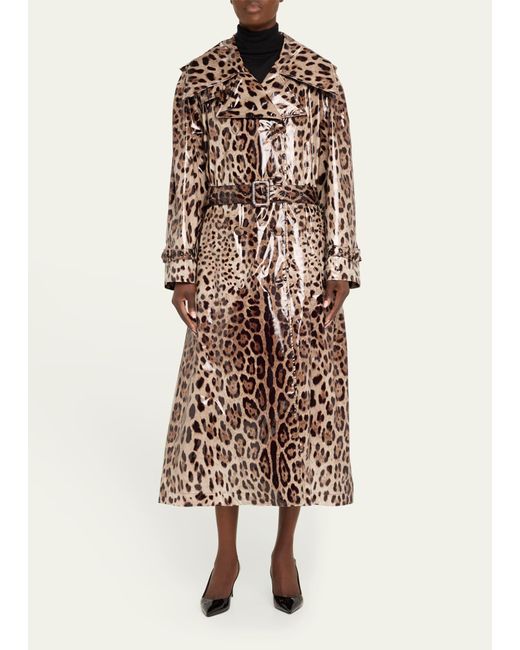 Dolce & Gabbana White Leopard-print Belted Shiny Long Trench Coat