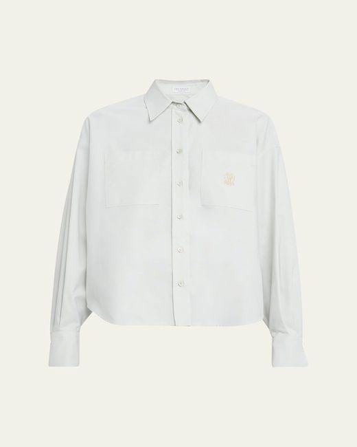 Brunello Cucinelli White Crest Embroidered Patch-Pockets Short Button-Down Shirt