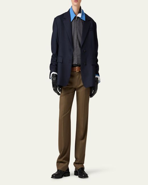 Miu Miu Blue Logo Embroidered Oversized Wool Blazer Jacket