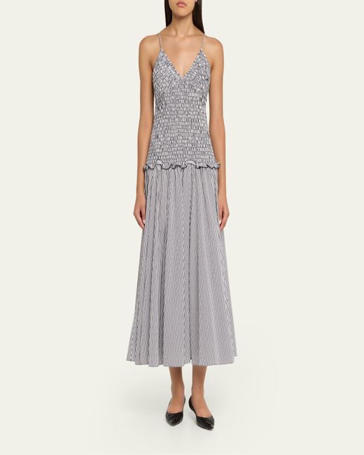 Brandon Maxwell Gray Josie Smocked Drop-Waist Maxi Dress