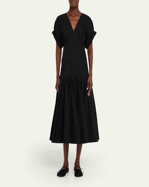 Proenza Schouler Black Ciara Short-Sleeve Poplin Drop-Waist Midi Dress