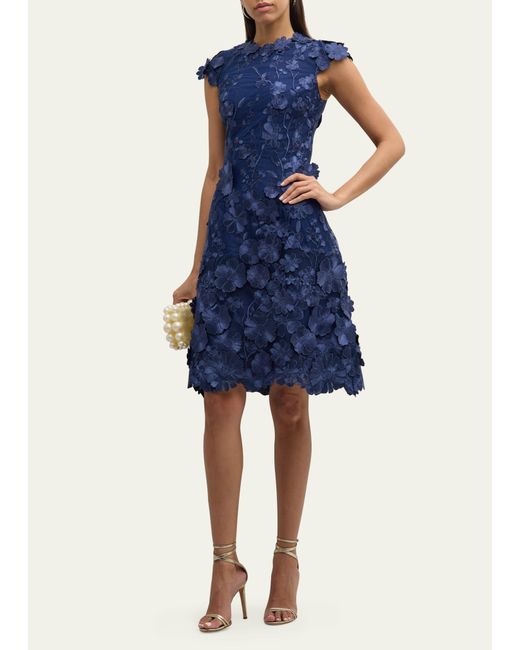 Teri Jon Blue 3d Floral Applique Lace Knee-length Dress