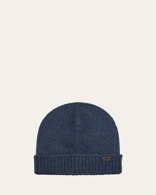 Brioni Blue Cashmere Knit Logo-Patch Beanie for men