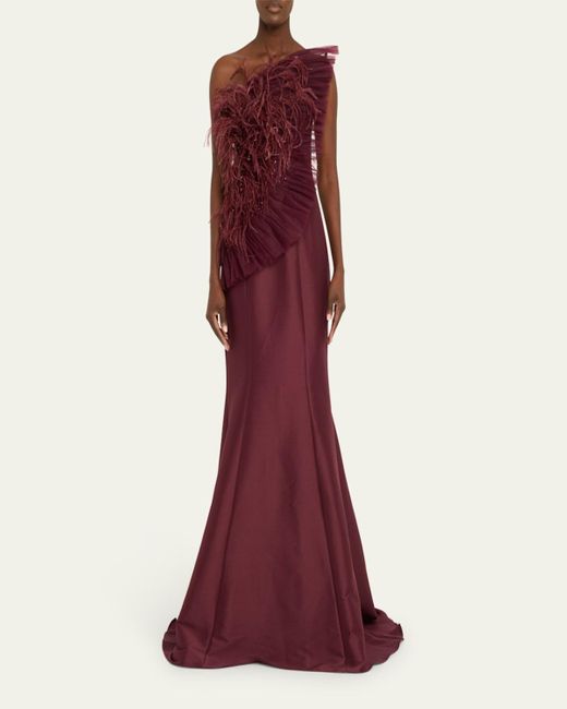 Badgley Mischka Red Strapless Feather-Embellished Fan Ruffle Gown