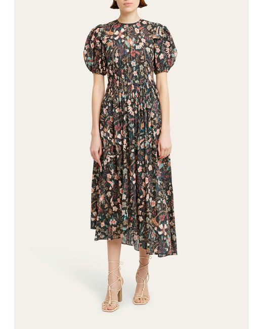 Ulla Johnson White Eden Puff-sleeve Floral-print Midi Dress