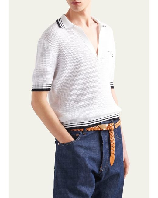 Prada White Superfine Cotton-silk Polo Sweater for men
