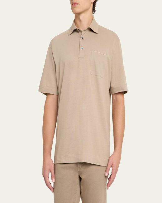 Zegna Natural Leather-Trim Pocket Pique Polo Shirt for men