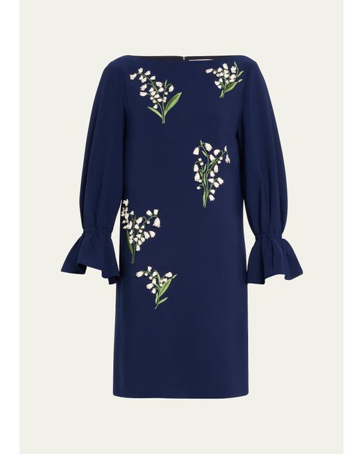 Carolina Herrera Blue Embroidered Shift Dress With Flutter Sleeves