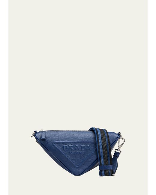Prada Blue Saffiano Leather Logo Triangle Crossbody Bag for men