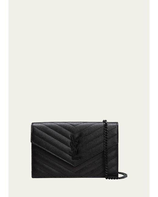 Saint Laurent Black Ysl Monogram Small Wallet On Chain In Grained Leather