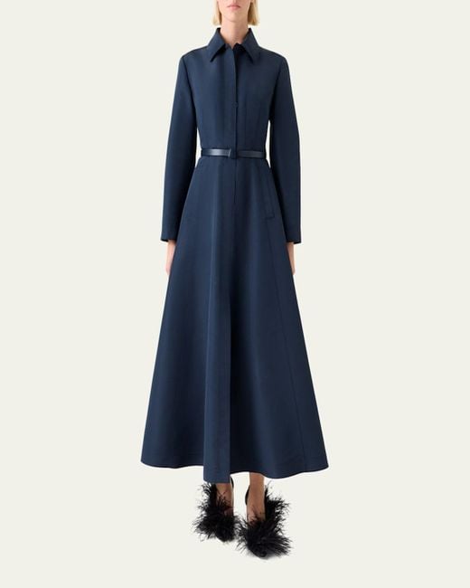 Akris Blue Ottoman Silk Belted A-Line Midi Shirtdress