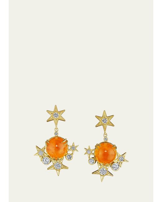 Anthony Lent White 18k Yellow Gold Cabochon Star Drop Earrings With Mandarin Garnet And Diamonds