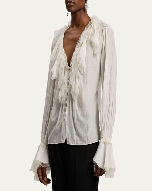 Ralph Lauren Natural Kensley Cotton-Silk Voile Ruffle Blouse