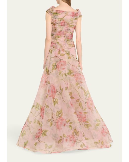 Teri Jon Pink Pleated Off-shoulder Floral-print Organza Gown