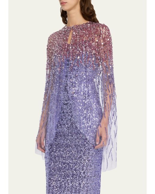 Pamella Roland Purple Sequined Tulle Fingertip Cape With Oversized Crystals