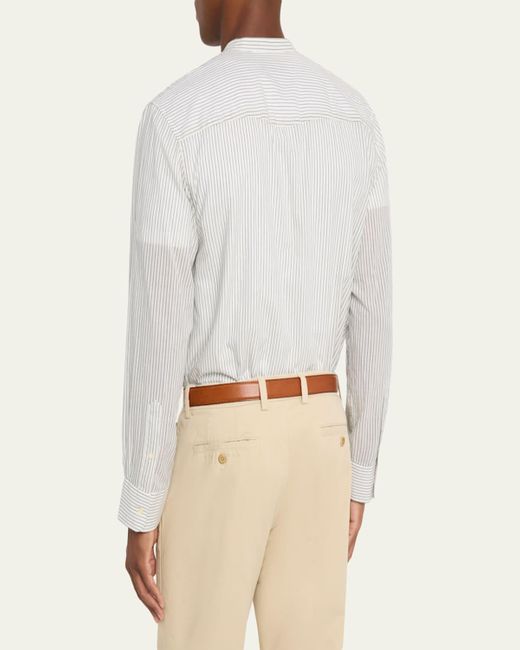 Officine Generale White Gali Band-Collar Cotton Stripe Button-Down Shirt for men