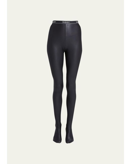 Saint Laurent Blue Shiny Footed Leggings With Logo Band