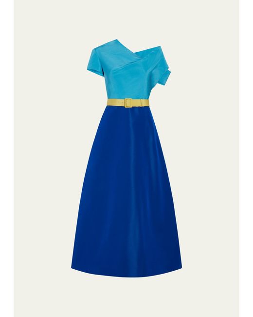 Rosie Assoulin Blue Grace Me With Your Cold Shoulder Colorblock Belted Silk Dress