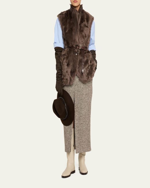 Brunello Cucinelli Natural Diagonal Wool Tweed Midi Sartorial Pencil Skirt
