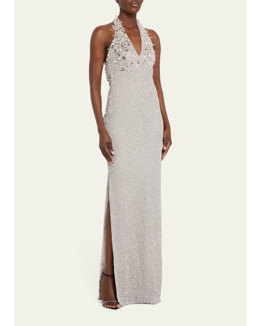 Pamella Roland White Beaded Halter Gown With Crystal Embellishment