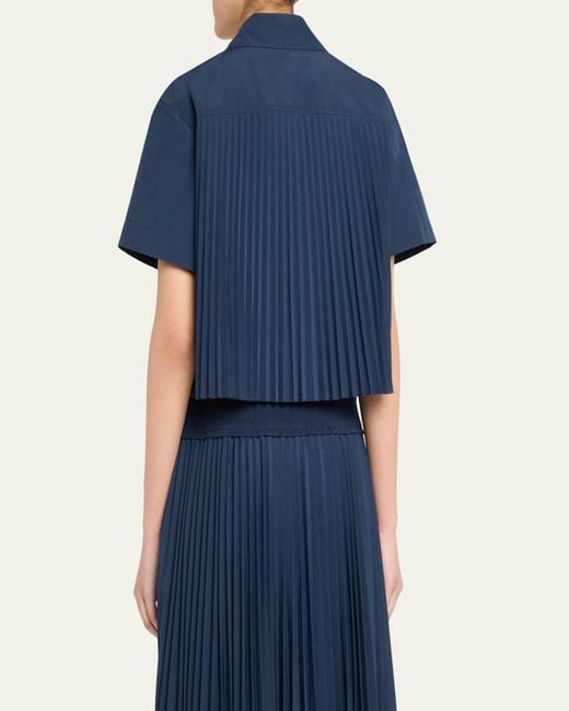 Jonathan Simkhai Blue Bernie Pleated Short-Sleeve Shirt