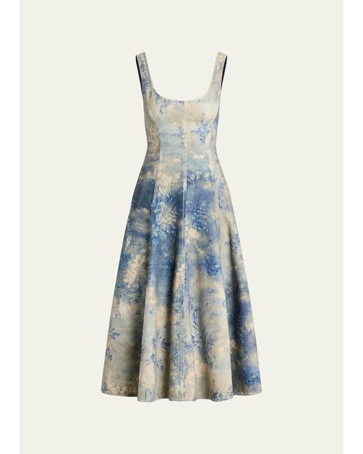 Ralph Lauren Collection Blue Tarian Floral-print Sleeveless Lace-up Denim Midi Dress