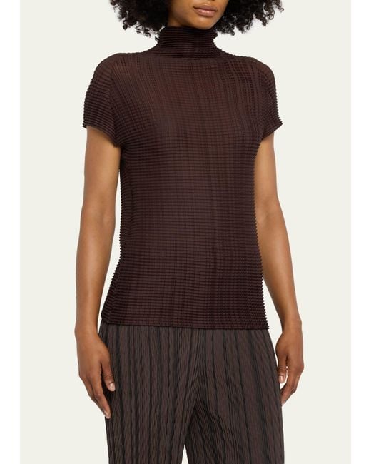 Issey Miyake Brown Wooly Pleats-38 High-neck Top