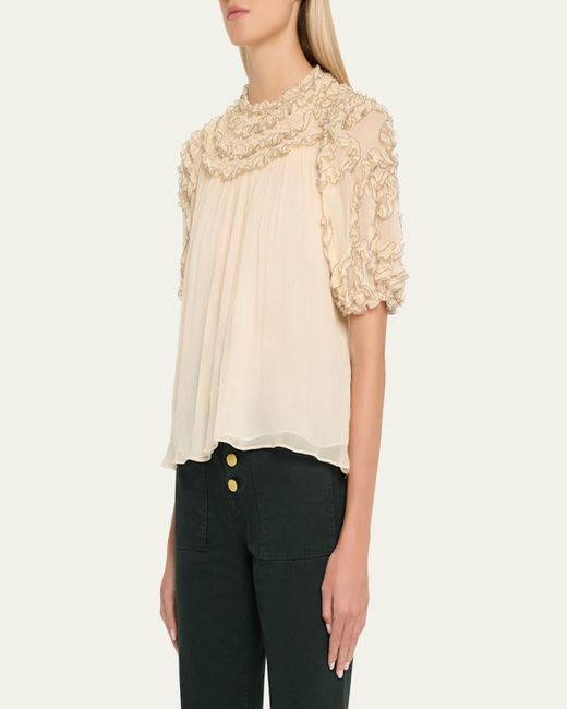 Ulla Johnson Natural Isolda Short-Sleeve Silk Blouse