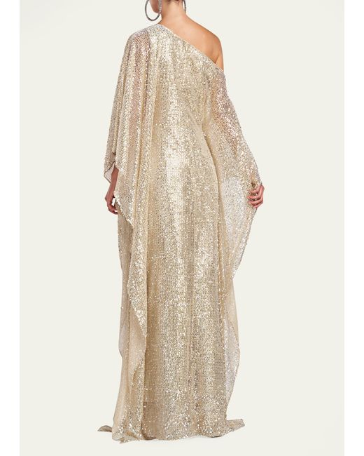 Halston Heritage Natural Dee Draped One-shoulder Sequin Gown