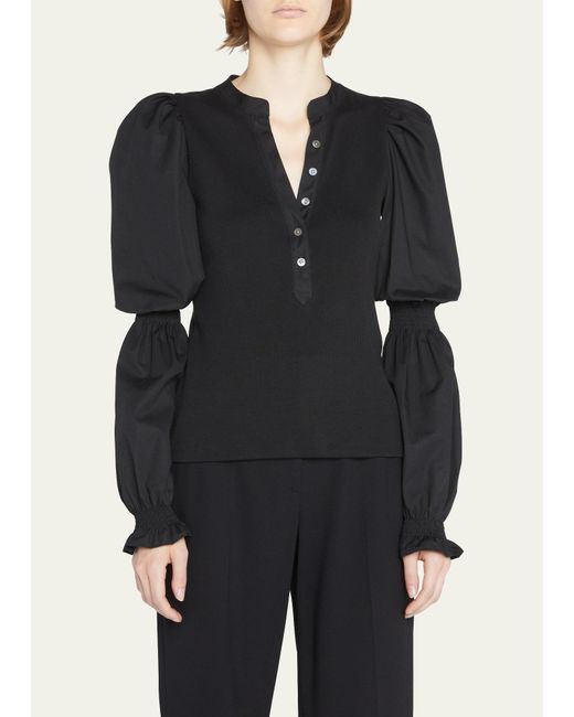 Veronica Beard Black Effy Button-front Cinched Sleeve Top