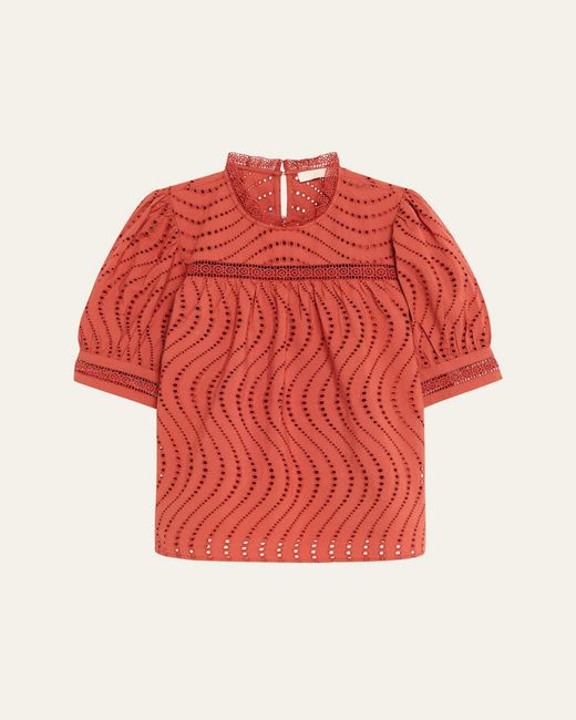 Ulla Johnson Red Virginia Lace Eyelet Short-Sleeve Blouse