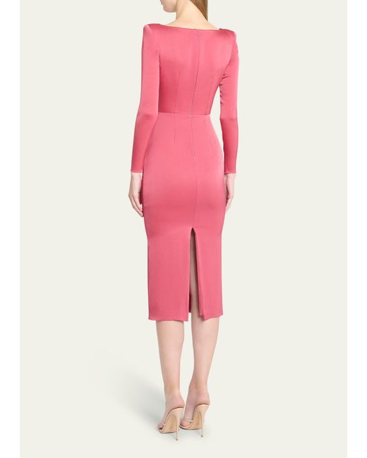 Alex Perry Pink Cowl-neck Strong-shoulder Long-sleeve Satin Crepe Midi Dress